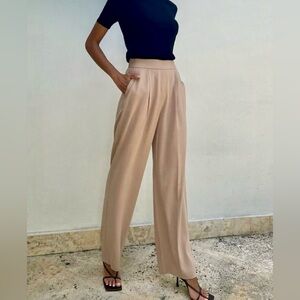 Aritzia Babaton Crepe Tio Wide Leg Pleated High Waisted Pockets Tan Pants Size 4
